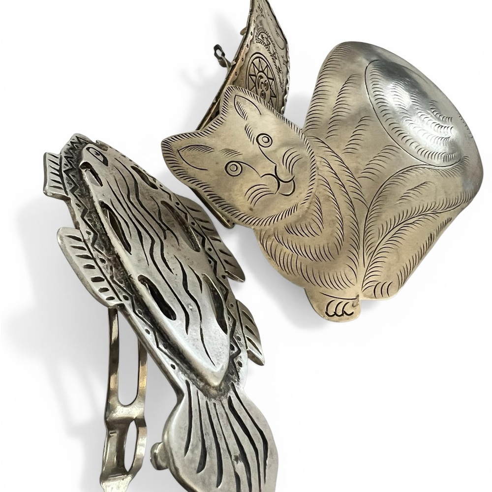 Vintage Hair Clips Lot Of 3 Barrette Etched Metal Cat FIsh Celestial folk art - Picture 4 of 13